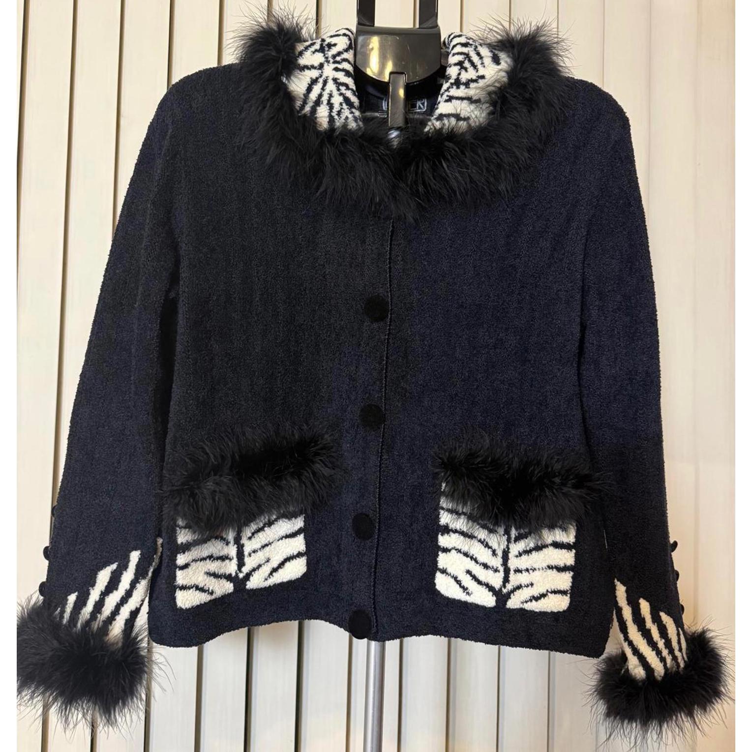 Berek L Cardigan Sweater Chenille Black & White Zebra Feather Accents Vtg Nwot